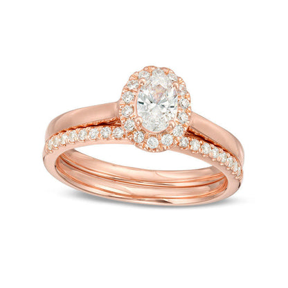 0.75 CT. T.W. Oval Natural Diamond Frame Bridal Engagement Ring Set in Solid 14K Rose Gold