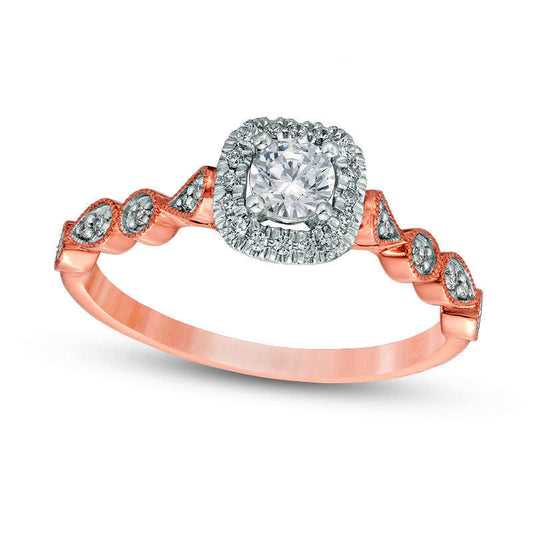 0.38 CT. T.W. Natural Diamond Cushion Frame Antique Vintage-Style Engagement Ring in Solid 14K Rose Gold