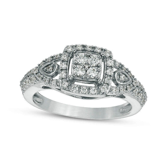 0.38 CT. T.W. Natural Diamond Cushion Frame Petal-Sides Engagement Ring in Solid 10K White Gold