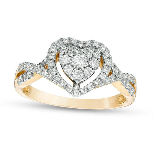 0.38 CT. T.W. Natural Diamond Double Heart Frame Twist Engagement Ring in Solid 10K Yellow Gold