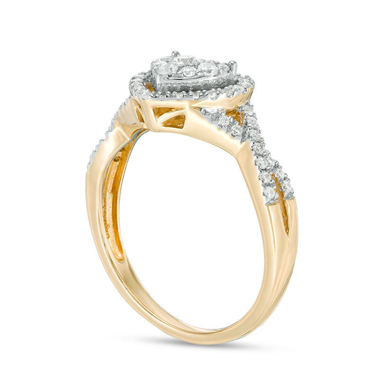 0.38 CT. T.W. Natural Diamond Double Heart Frame Twist Engagement Ring in Solid 10K Yellow Gold