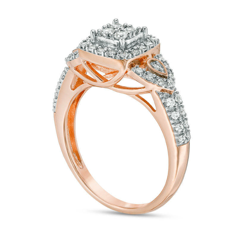 0.38 CT. T.W. Natural Diamond Cushion Frame Petal-Sides Engagement Ring in Solid 10K Rose Gold