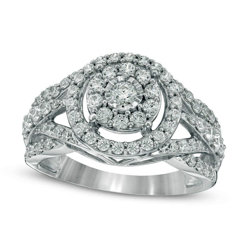 1.0 CT. T.W. Natural Diamond Double Frame Layered Crossover Shank Engagement Ring in Solid 10K White Gold