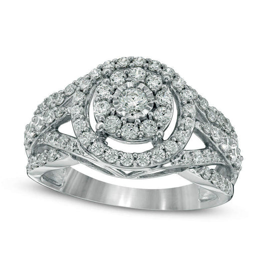 1.0 CT. T.W. Natural Diamond Double Frame Layered Crossover Shank Engagement Ring in Solid 10K White Gold