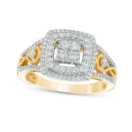 0.50 CT. T.W. Natural Diamond Double Cushion Frame Twist Antique Vintage-Style Engagement Ring in Solid 10K Yellow Gold