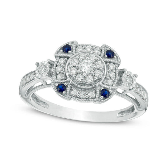 0.33 CT. T.W. Natural Diamond and Blue Sapphire Double Frame Antique Vintage-Style Engagement Ring in Solid 10K White Gold