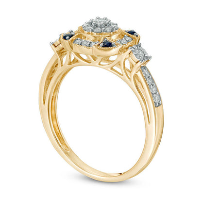 0.33 CT. T.W. Natural Diamond and Blue Sapphire Double Frame Antique Vintage-Style Engagement Ring in Solid 10K Yellow Gold