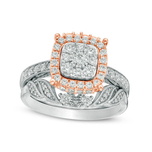 1.0 CT. T.W. Natural Diamond Double Cushion Frame Vine Shank Antique Vintage-Style Bridal Engagement Ring Set in Solid 10K Two-Tone Gold