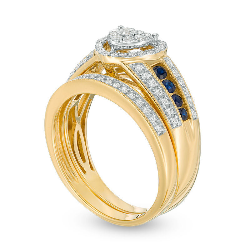 0.38 CT. T.W. Composite Natural Diamond and Blue Sapphire Heart Frame Multi-Row Antique Vintage-Style Bridal Engagement Ring Set in Solid 10K Yellow Gold