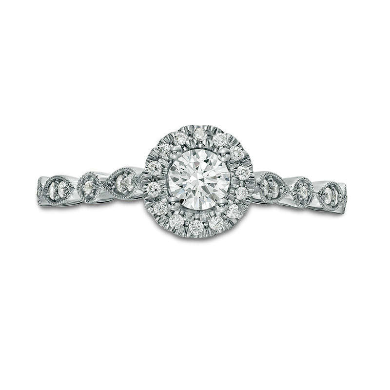 0.38 CT. T.W. Natural Diamond Frame Alternating Shaped Shank Antique Vintage-Style Engagement Ring in Solid 14K White Gold