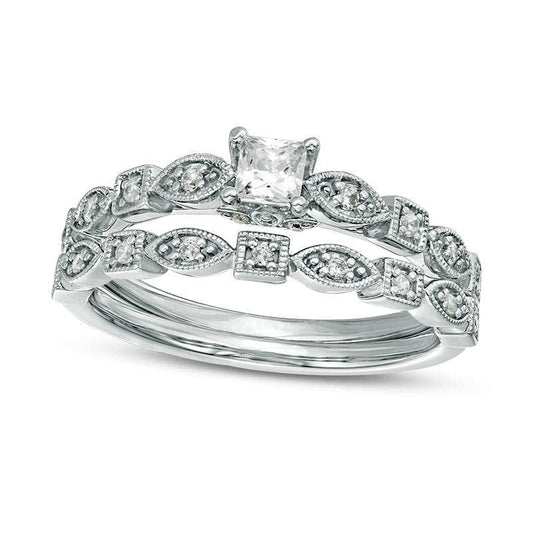 0.38 CT. T.W. Princess-Cut Natural Diamond Alternating Shaped Shank Antique Vintage-Style Bridal Engagement Ring Set in Solid 14K White Gold