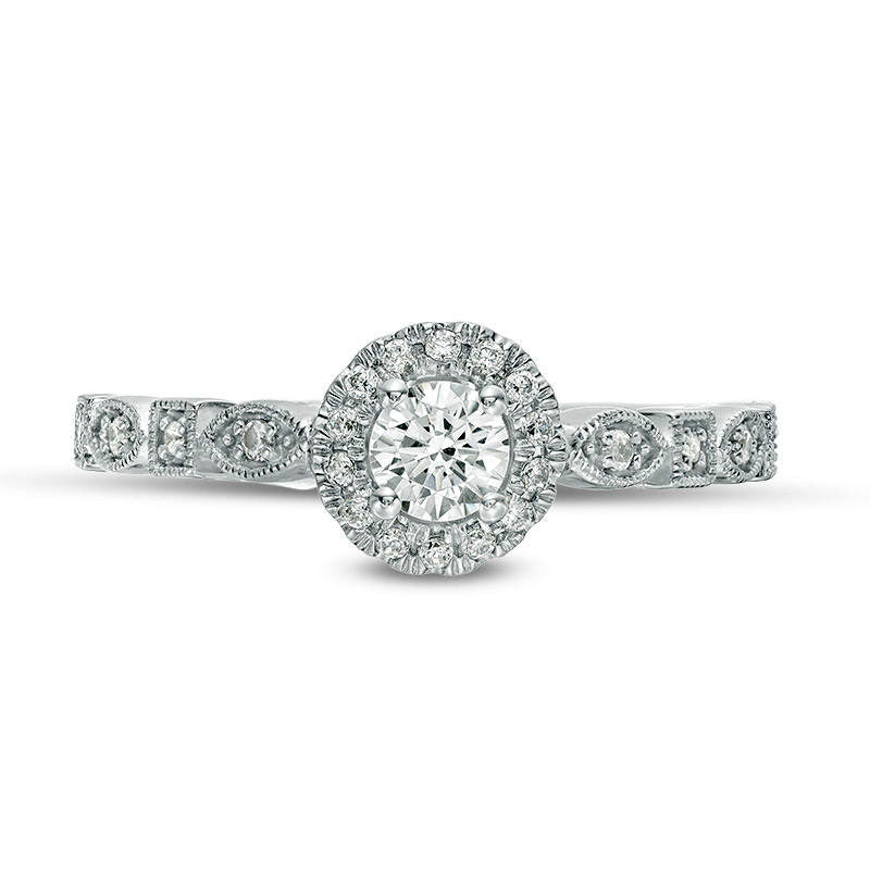 0.38 CT. T.W. Natural Diamond Frame Alternating Shaped Shank Antique Vintage-Style Engagement Ring in Solid 14K White Gold