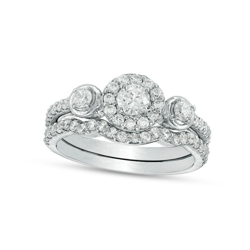 1.0 CT. T.W. Natural Diamond Three Stone Frame Bridal Engagement Ring Set in Solid 10K White Gold