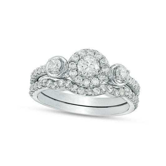 1.0 CT. T.W. Natural Diamond Three Stone Frame Bridal Engagement Ring Set in Solid 10K White Gold