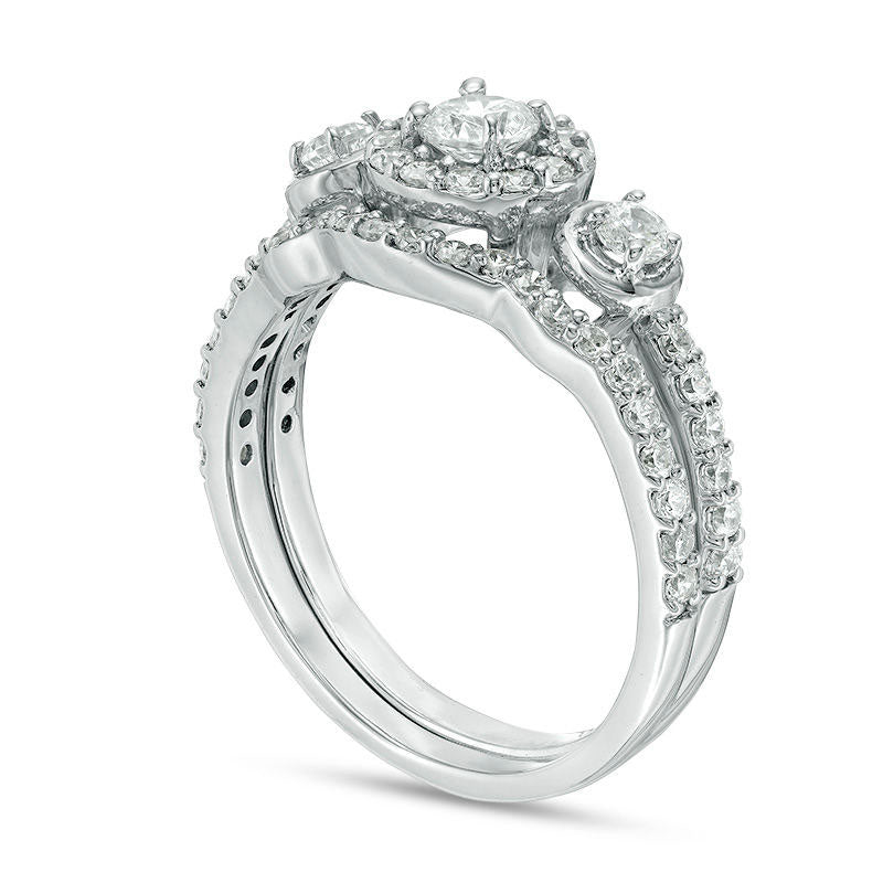 1.0 CT. T.W. Natural Diamond Three Stone Frame Bridal Engagement Ring Set in Solid 10K White Gold