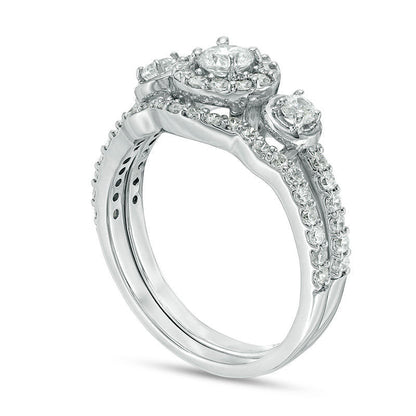 1.0 CT. T.W. Natural Diamond Three Stone Frame Bridal Engagement Ring Set in Solid 10K White Gold