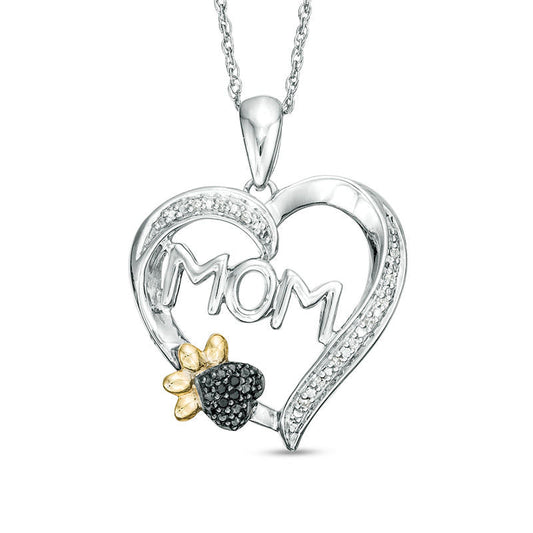 0.05 CT. T.W. Enhanced Black and White Natural Diamond MOM" with Paw Print Heart Pendant in Sterling Silver and 10K Yellow Gold"