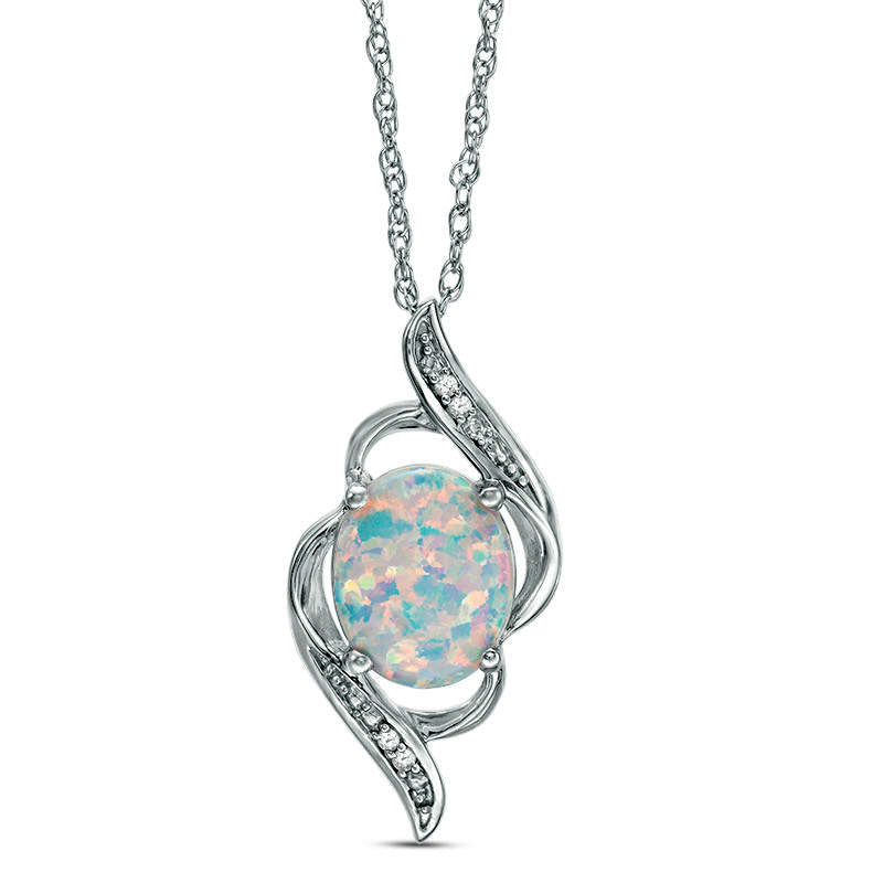Oval Lab-Created Opal and White Sapphire Bypass Flame Pendant in Sterling Silver