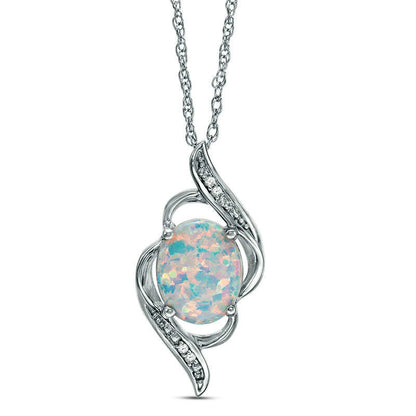 Oval Lab-Created Opal and White Sapphire Bypass Flame Pendant in Sterling Silver