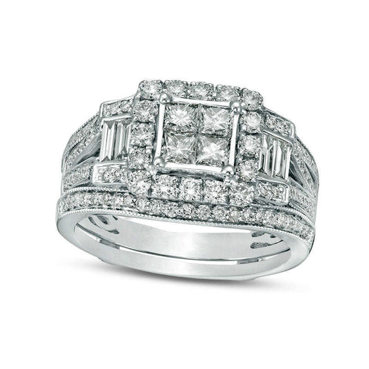 1.5 CT. T.W. Quad Princess-Cut Natural Diamond Frame Antique Vintage-Style Collar Bridal Engagement Ring Set in Solid 10K White Gold