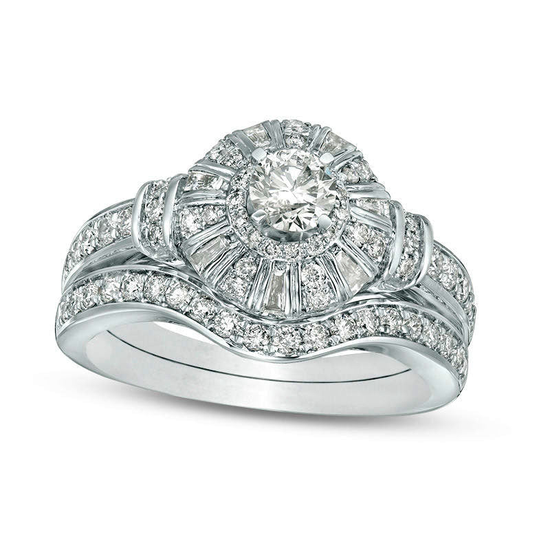 1.0 CT. T.W. Natural Diamond Frame Collar Bridal Engagement Ring Set in Solid 10K White Gold