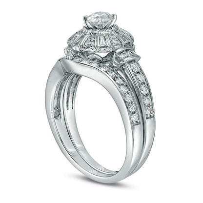 1.0 CT. T.W. Natural Diamond Frame Collar Bridal Engagement Ring Set in Solid 10K White Gold