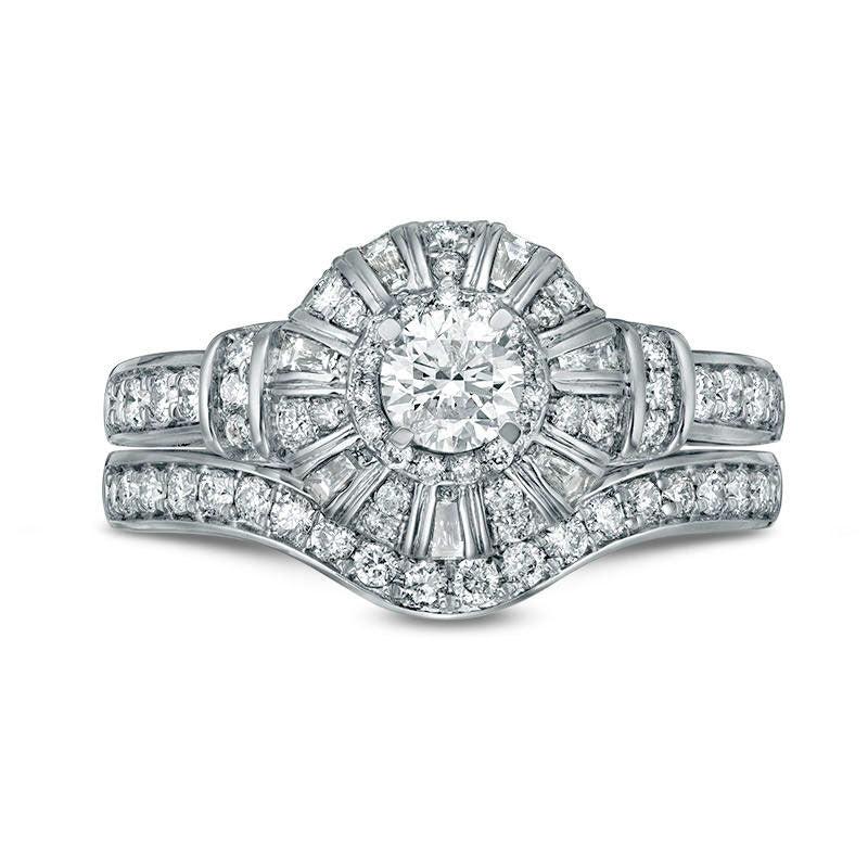 1.0 CT. T.W. Natural Diamond Frame Collar Bridal Engagement Ring Set in Solid 10K White Gold