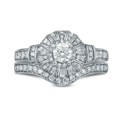 1.0 CT. T.W. Natural Diamond Frame Collar Bridal Engagement Ring Set in Solid 10K White Gold