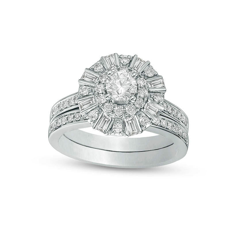 1.0 CT. T.W. Natural Diamond Double Frame Bridal Engagement Ring Set in Solid 10K White Gold