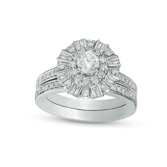 1.0 CT. T.W. Natural Diamond Double Frame Bridal Engagement Ring Set in Solid 10K White Gold