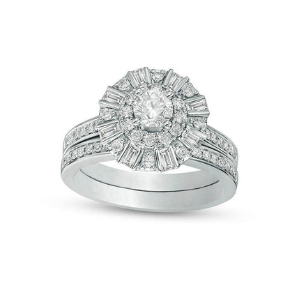 1.0 CT. T.W. Natural Diamond Double Frame Bridal Engagement Ring Set in Solid 10K White Gold