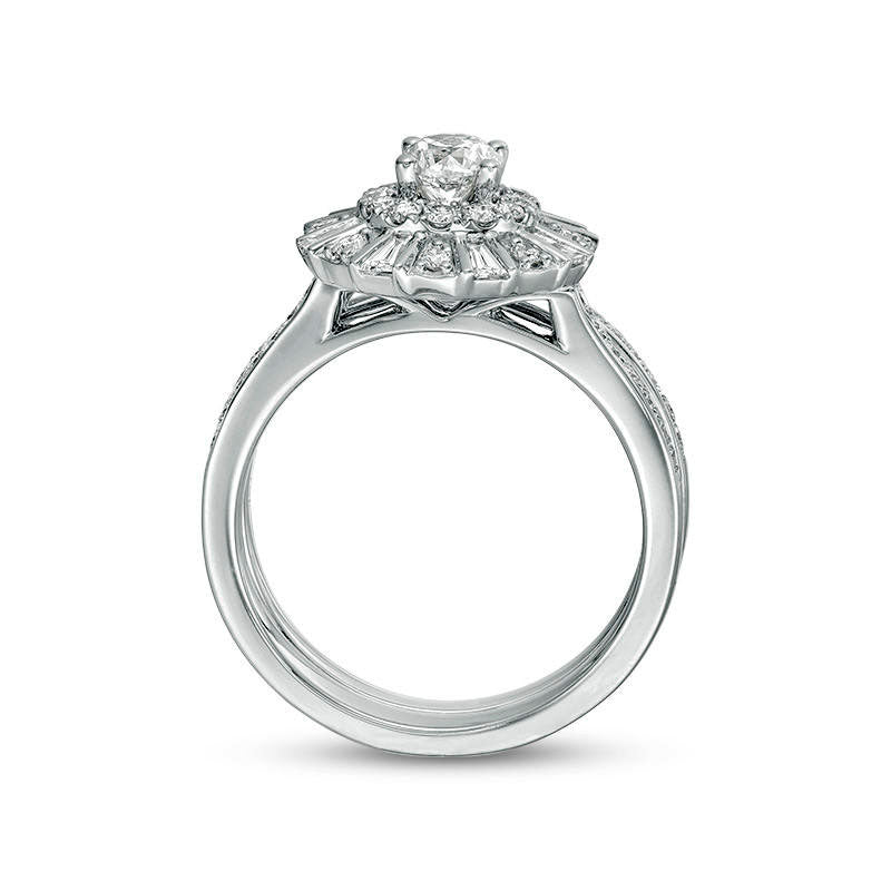 1.0 CT. T.W. Natural Diamond Double Frame Bridal Engagement Ring Set in Solid 10K White Gold