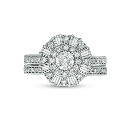 1.0 CT. T.W. Natural Diamond Double Frame Bridal Engagement Ring Set in Solid 10K White Gold