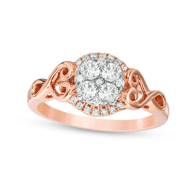 0.50 CT. T.W. Quad Natural Diamond Filigree Heart-Sides Engagement Ring in Solid 10K Rose Gold