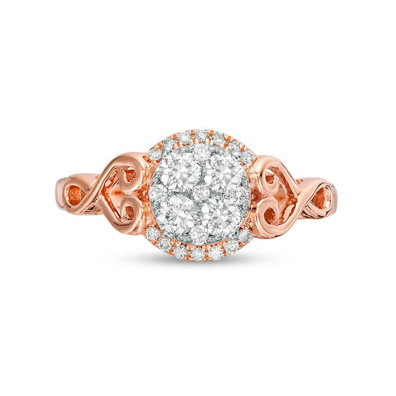 0.50 CT. T.W. Quad Natural Diamond Filigree Heart-Sides Engagement Ring in Solid 10K Rose Gold