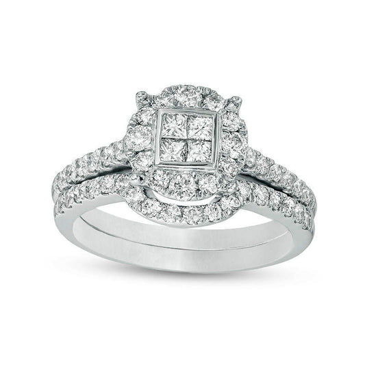 1.0 CT. T.W. Quad Princess-Cut Natural Diamond Frame Bridal Engagement Ring Set in Solid 10K White Gold