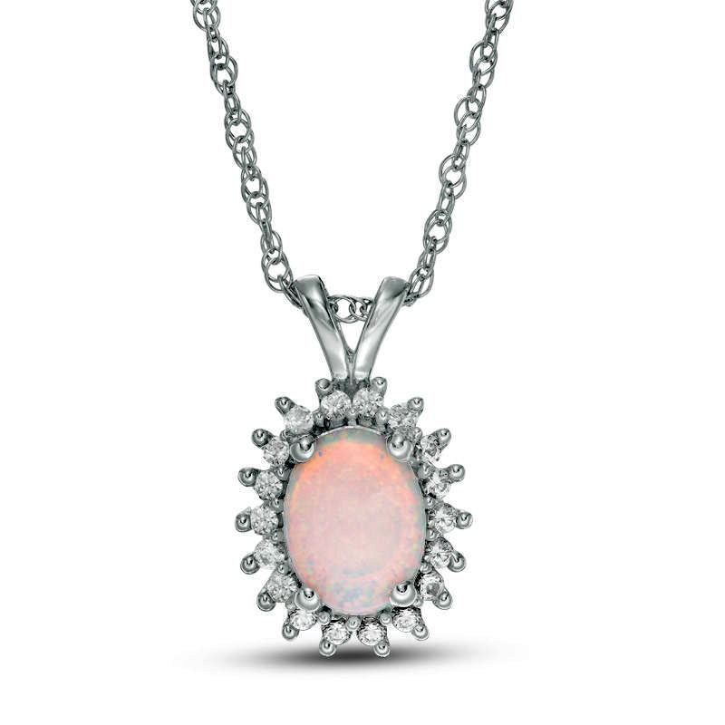Oval Lab-Created Opal and White Sapphire Starburst Frame Pendant in Sterling Silver