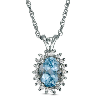 Oval Aquamarine and Lab-Created White Sapphire Starburst Frame Pendant in Sterling Silver
