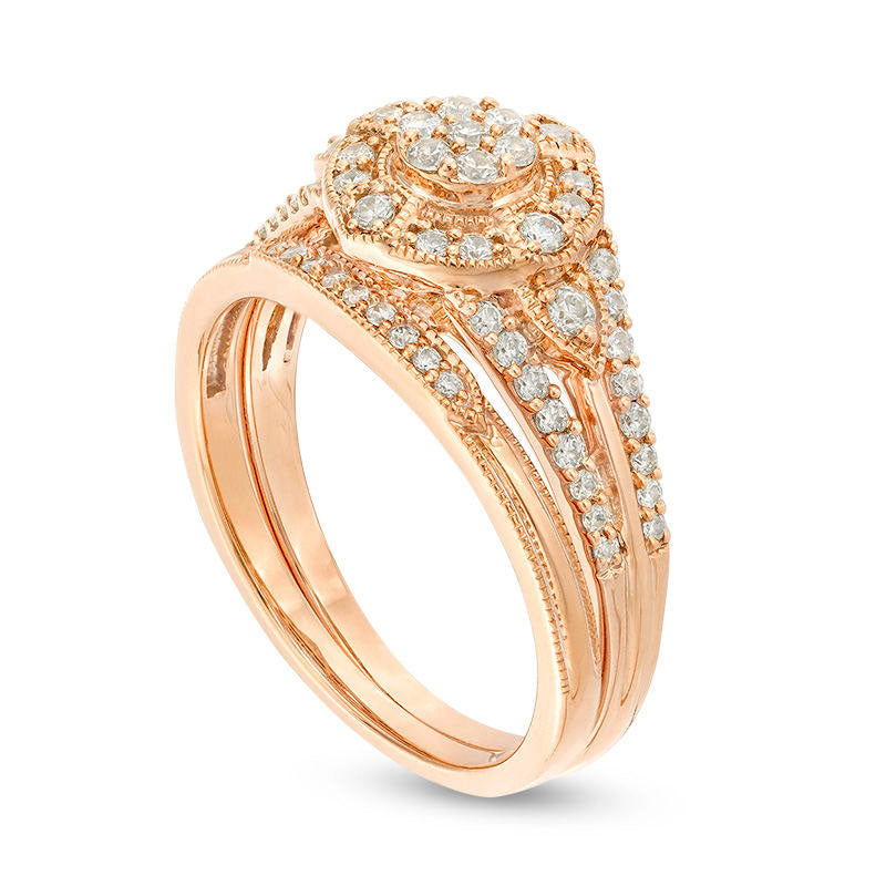 0.50 CT. T.W. Composite Natural Diamond Frame Antique Vintage-Style Bridal Engagement Ring Set in Solid 10K Rose Gold