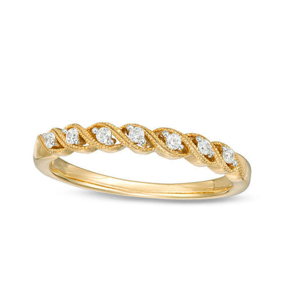 0.10 CT. T.W. Natural Diamond Twist Antique Vintage-Style Stackable Band in Solid 10K Yellow Gold