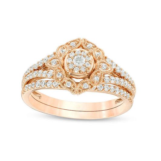 0.38 CT. T.W. Composite Natural Diamond Frame Antique Vintage-Style Bridal Engagement Ring Set in Solid 10K Rose Gold