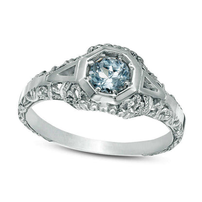 4.5mm Aquamarine Geometric Frame Antique Vintage-Style Ring in Solid 10K White Gold
