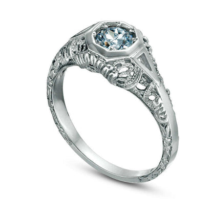 4.5mm Aquamarine Geometric Frame Antique Vintage-Style Ring in Solid 10K White Gold