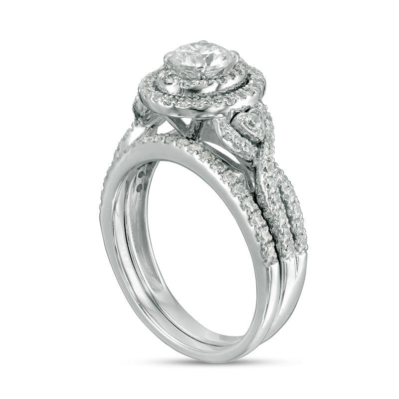 1.25 CT. T.W. Natural Diamond Oval Frame Heart-Sides Twist Bridal Engagement Ring Set in Solid 14K White Gold