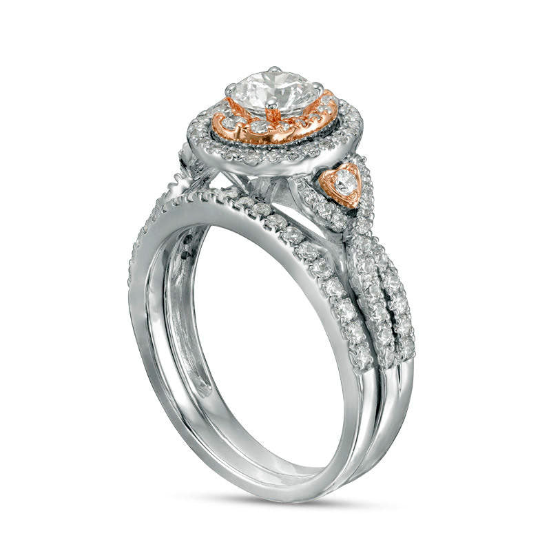 1.25 CT. T.W. Natural Diamond Oval Frame Heart-Sides Twist Bridal Engagement Ring Set in Solid 14K Two-Tone Gold