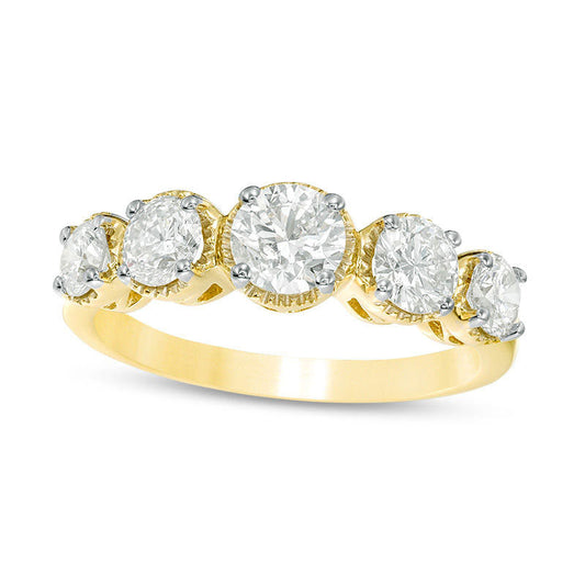 1.5 CT. T.W. Natural Diamond Five Stone Antique Vintage-Style Wedding Band in Solid 10K Yellow Gold