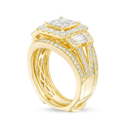 1.5 CT. T.W. Quad Princess-Cut Natural Diamond Frame Collar Antique Vintage-Style Bridal Engagement Ring Set in Solid 10K Yellow Gold