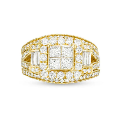 1.5 CT. T.W. Quad Princess-Cut Natural Diamond Frame Collar Antique Vintage-Style Bridal Engagement Ring Set in Solid 10K Yellow Gold