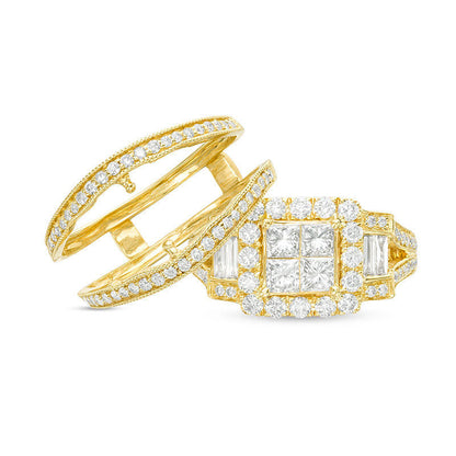 1.5 CT. T.W. Quad Princess-Cut Natural Diamond Frame Collar Antique Vintage-Style Bridal Engagement Ring Set in Solid 10K Yellow Gold