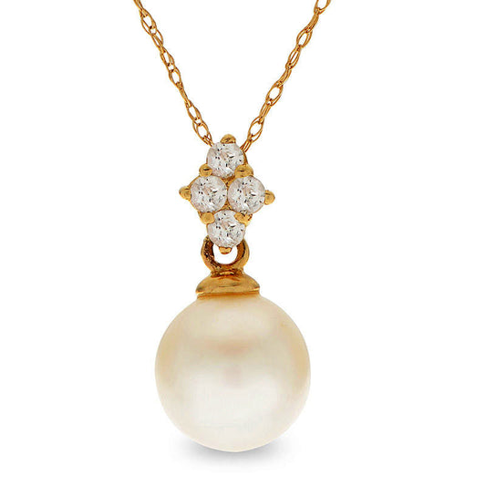 8.0-8.5mm Cultured Freshwater Pearl and White Topaz Pendant in 14K Gold